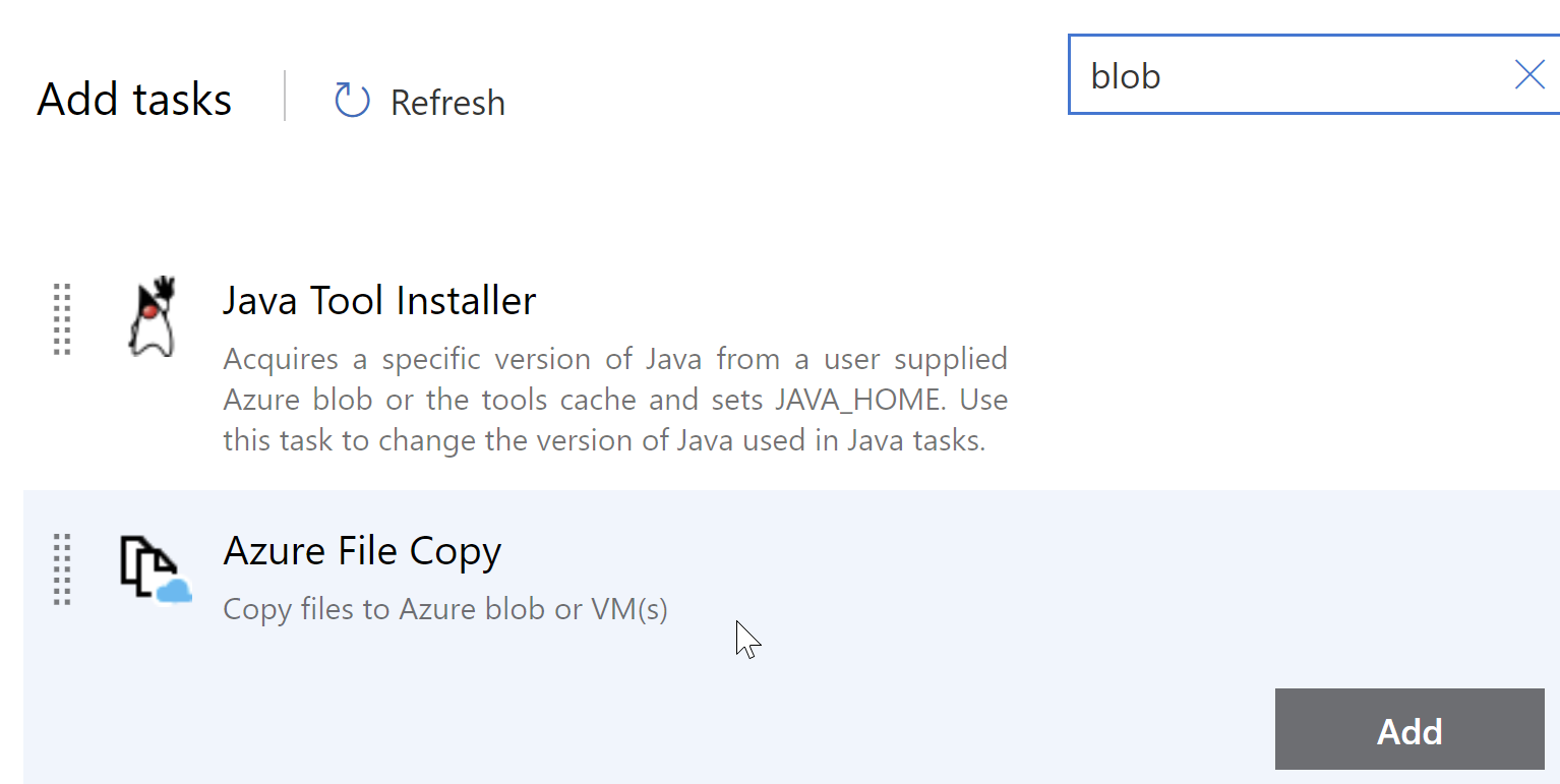 searching for and selecting azure file copy