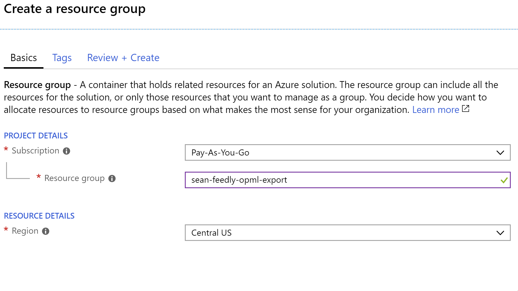 Entering the information for the resource group