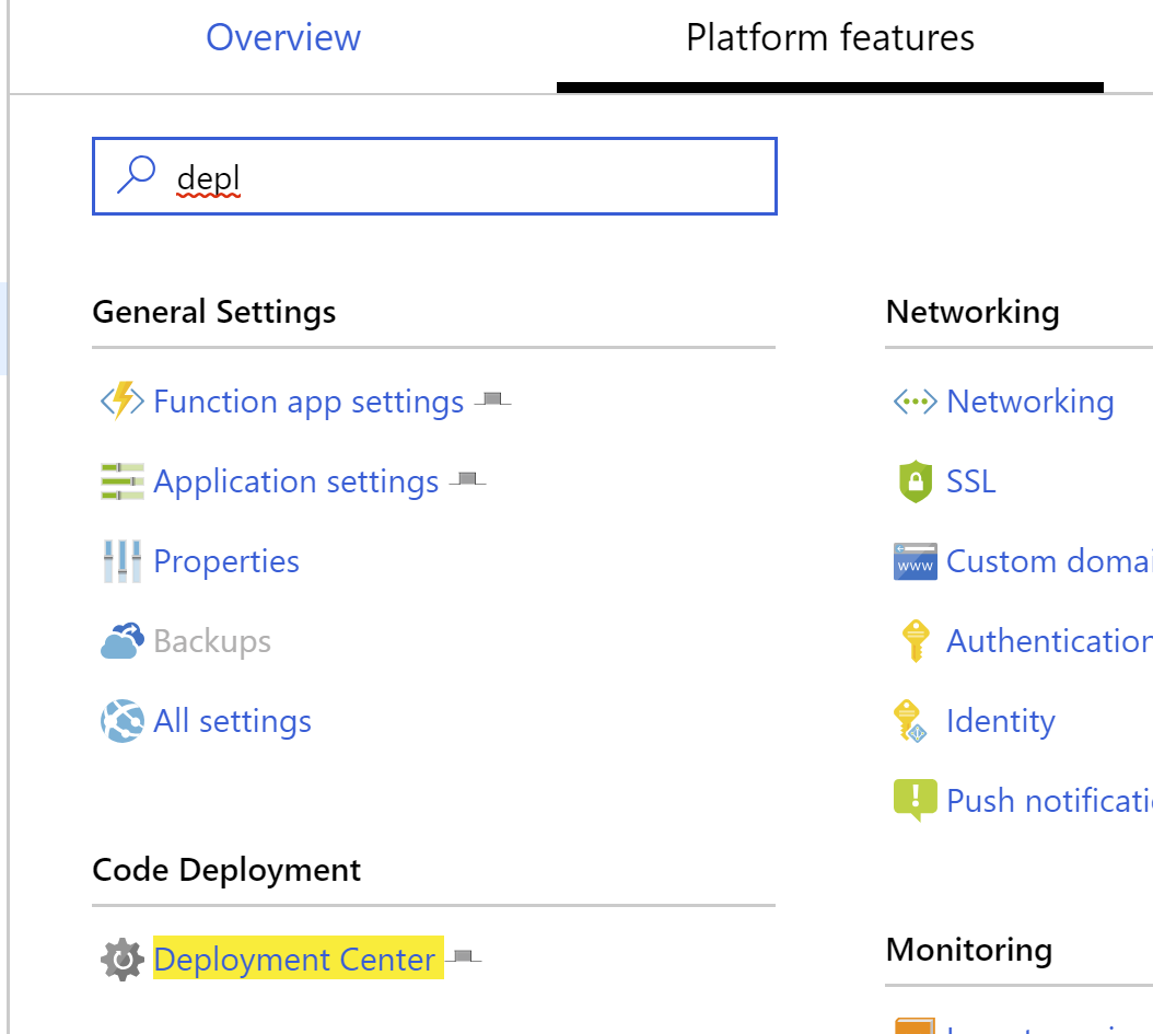 Deployment center button in the portal